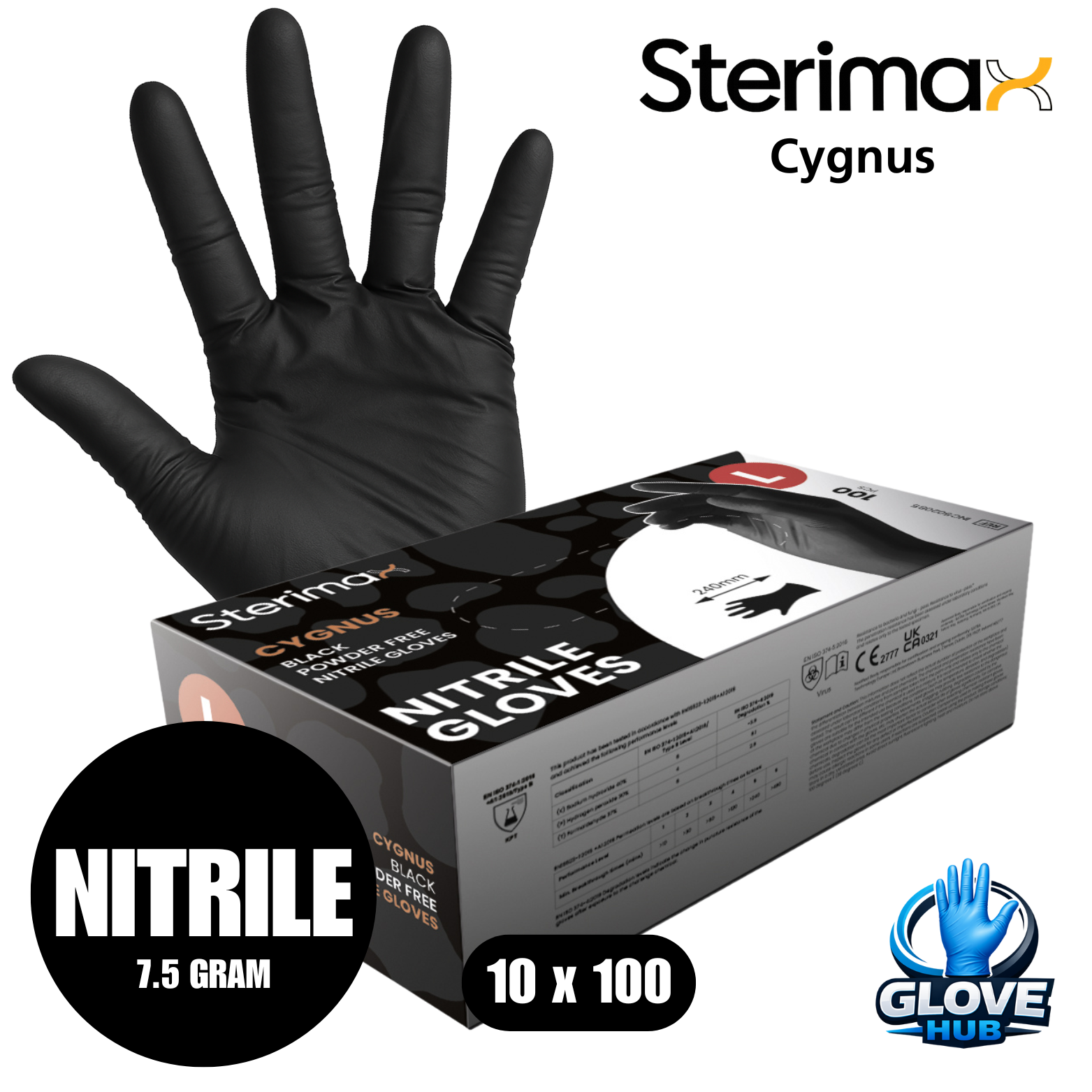 Sterimax Cygnus® Black Nitrile Powder-Free Gloves - 1 Case (10x100)