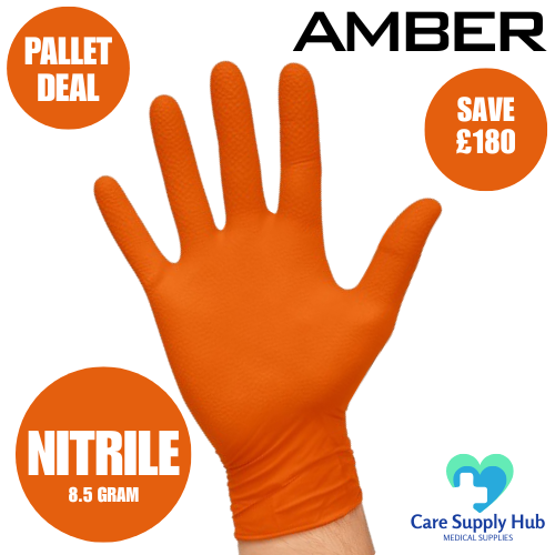 Amber - 8.5g Orange Diamond Grip Nitrile Gloves - Bulk Buy Pallet Deal - 36 Cases