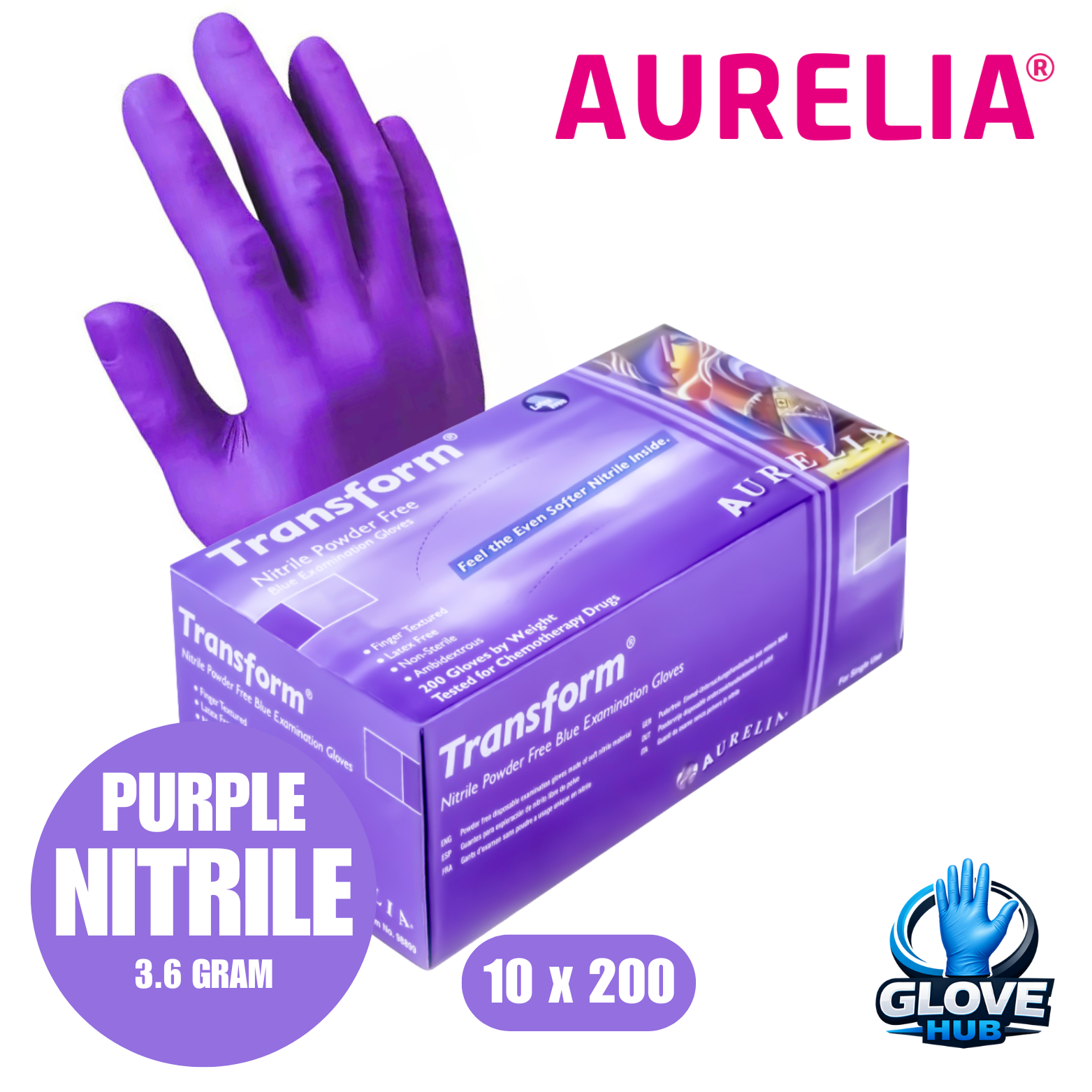 Aurelia Transform Purple Nitrile - Examination Gloves – Powder-Free Disposable (10x200)