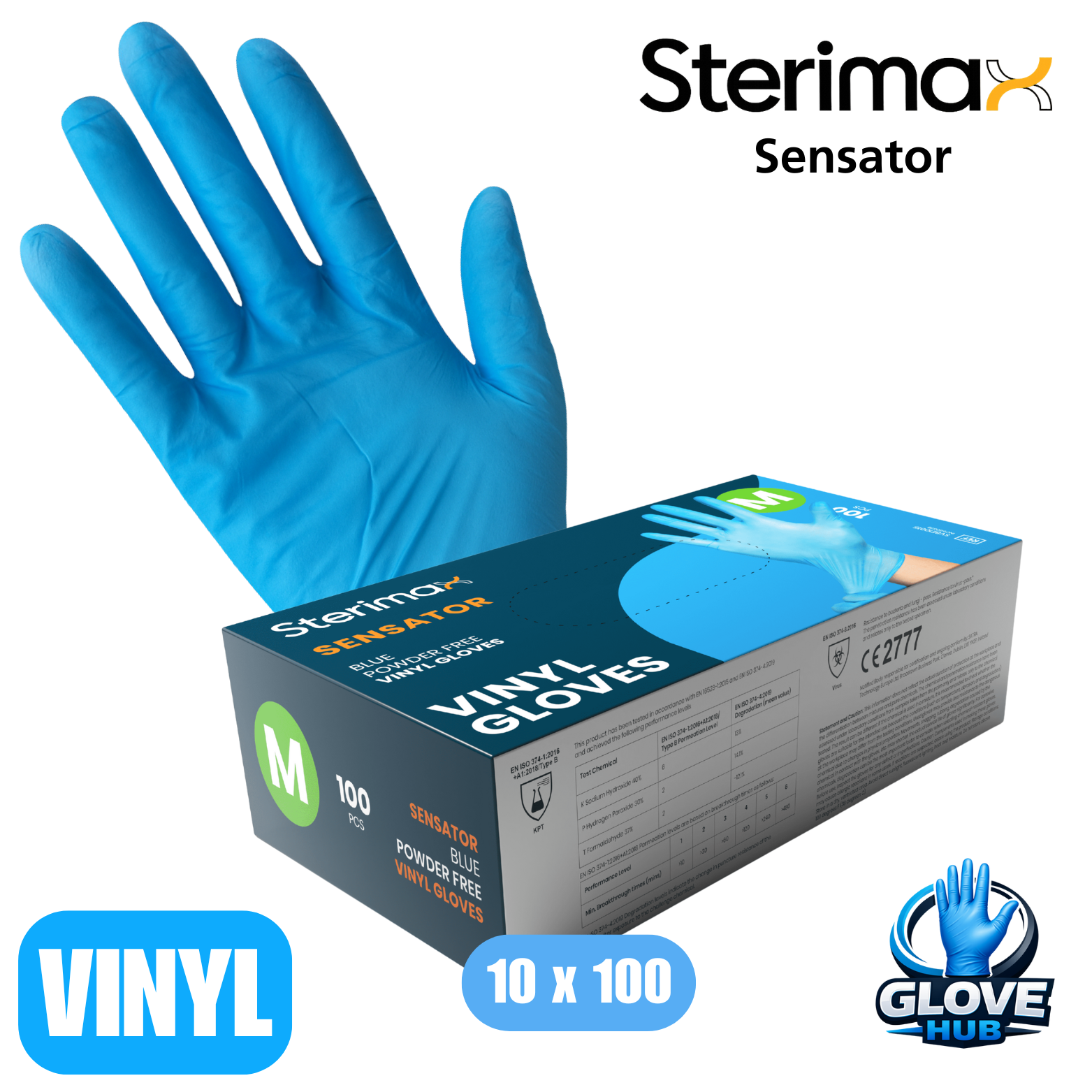 Sterimax Sensator® Blue Vinyl Powder-Free Gloves- 1 Case (10x100)