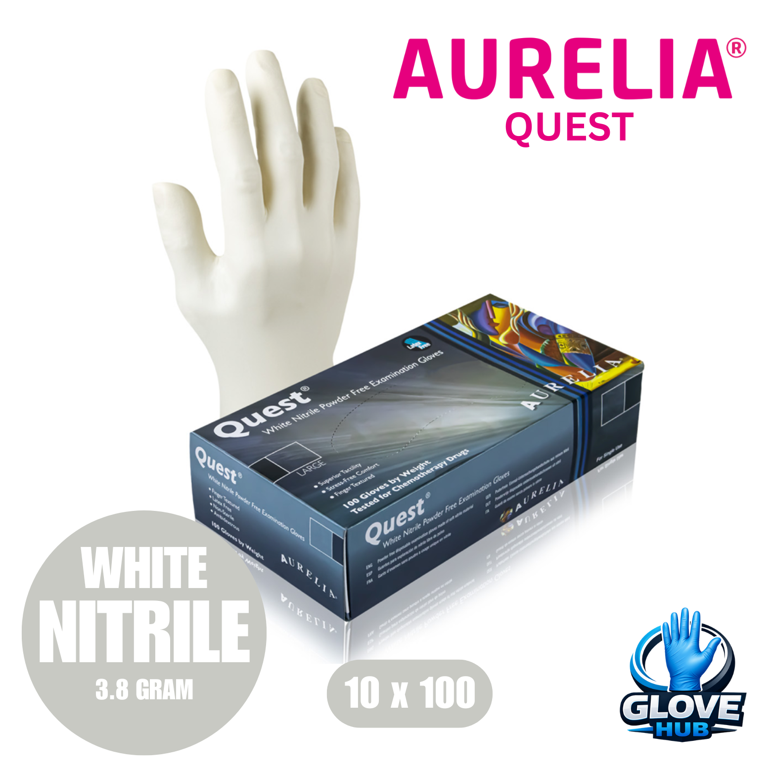Aurelia Quest White Nitrile Examination Gloves – Powder-Free Disposable (10x100)