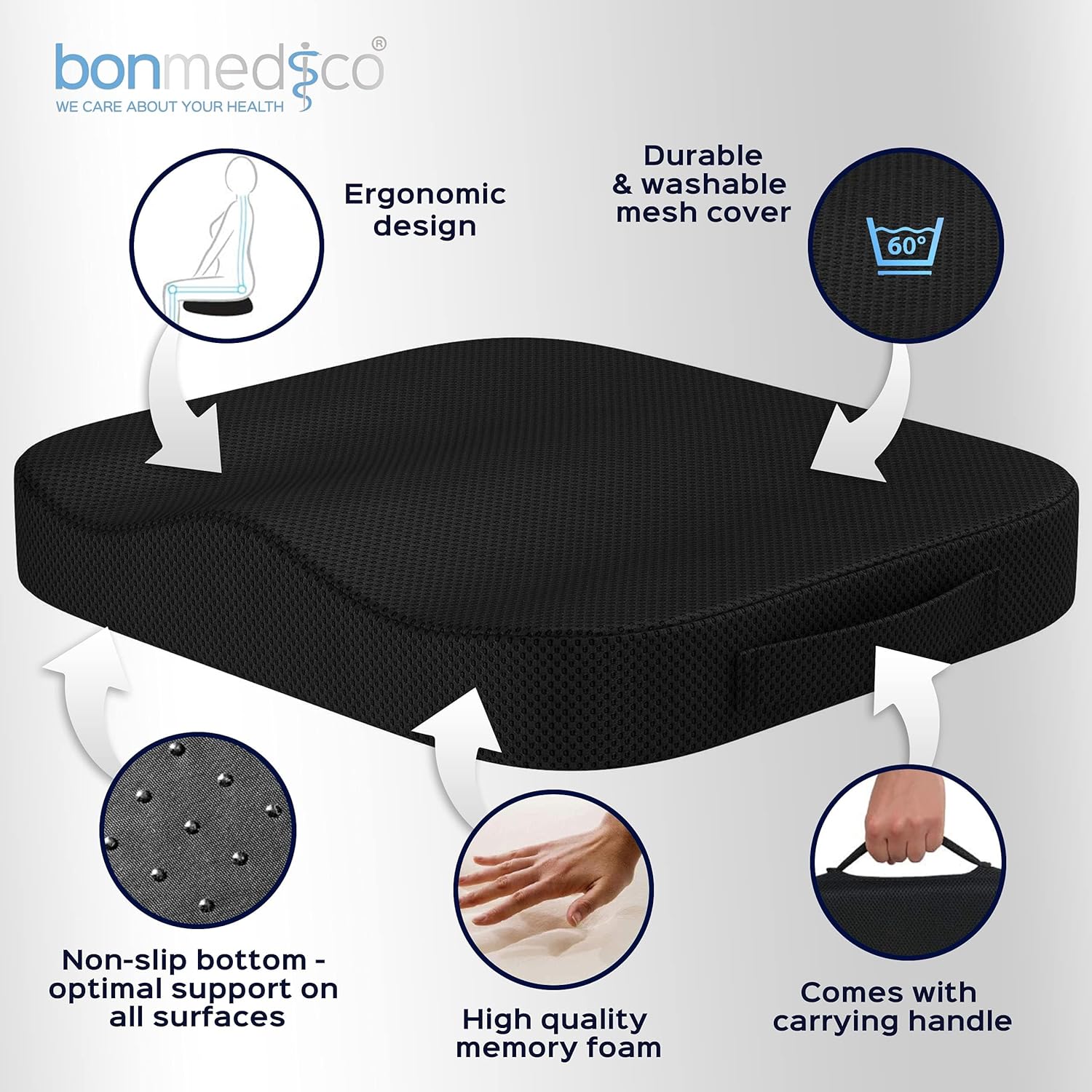 Orthopaedic Memory Foam Seat Cushion – Pressure Relief Comfort Cushion (Black Mesh)