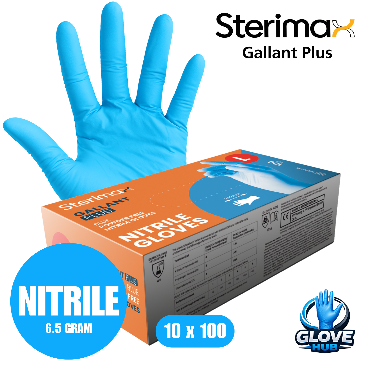 Sterimax Gallant® Blue Plus Nitrile Powder-Free Glove - 1 Case (10x100)