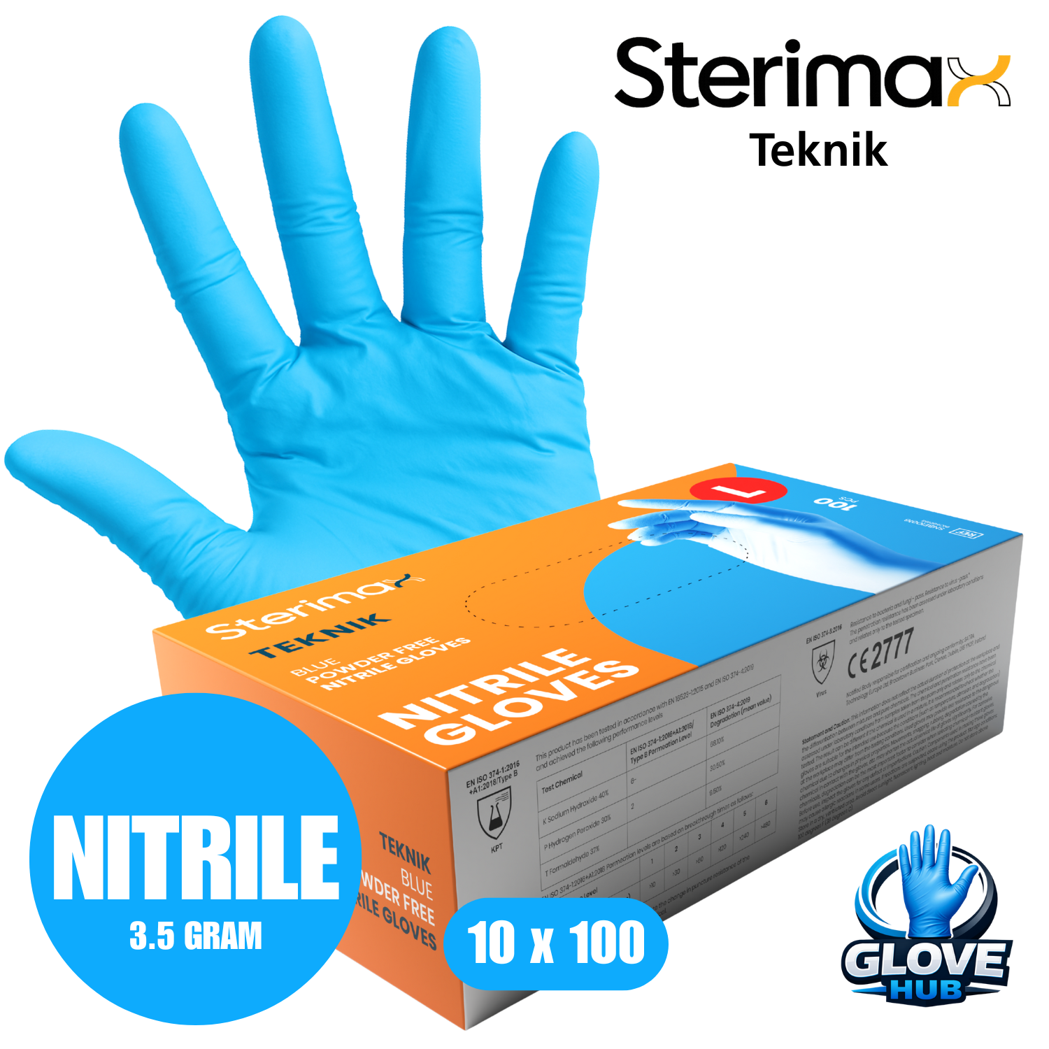 Sterimax Teknik® Blue Nitrile Powder-Free Gloves - 1 Case (10x100)