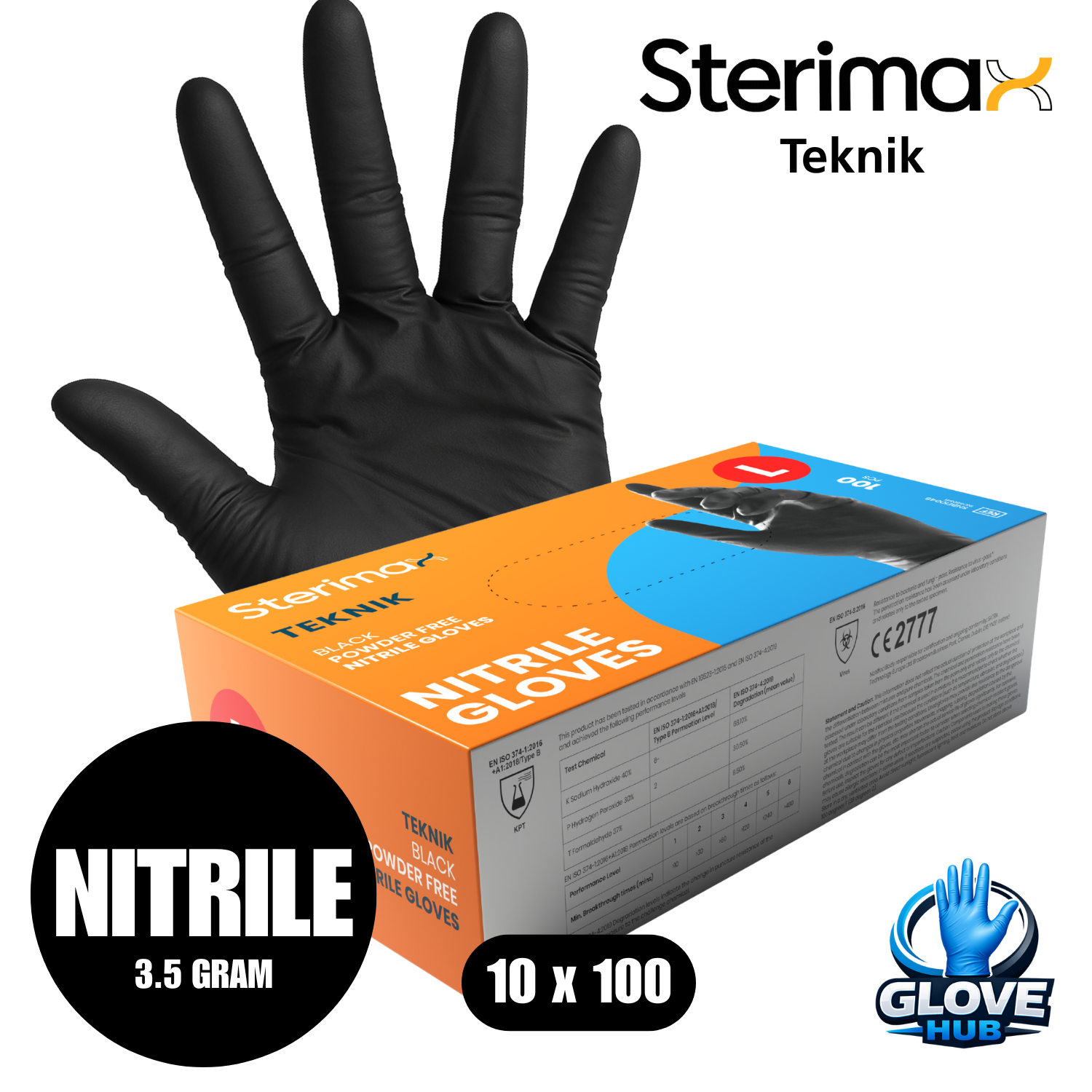 Sterimax Teknik® Black Nitrile Powder-Free Gloves - 1 Case (10x100)