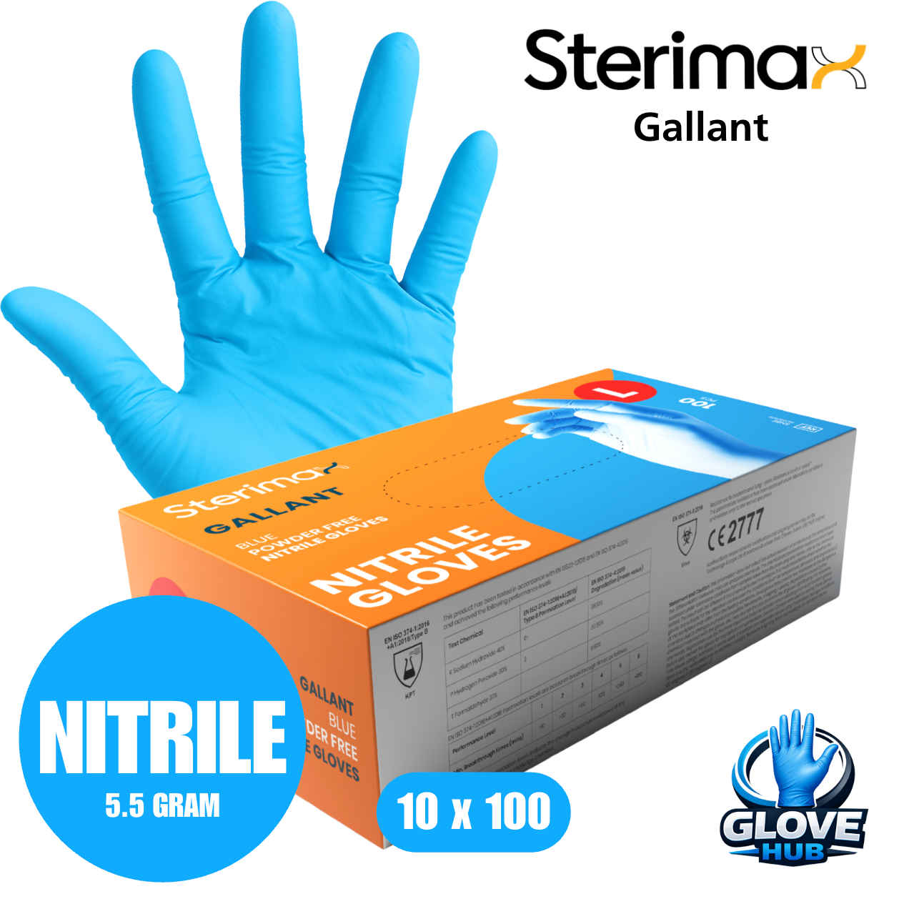 Sterimax Gallant® Blue Nitrile Powder-Free Glove - 1 Case (10x100)