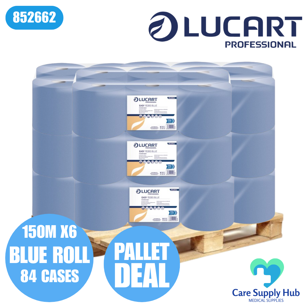 Lucart Blue Centrefeed Roll – 2 Ply – 150m – 6 Rolls per Case – Full Pallet (84 Cases / 504 Rolls)