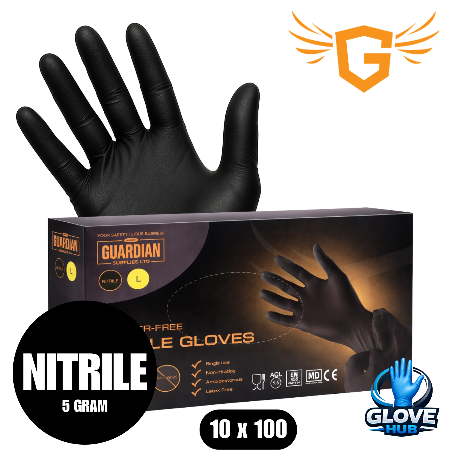 Guardian 5.0g Black Nitrile Gloves (10x100)